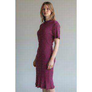 Kensie Womens M Ribbed Knit Striped Midi Dress Short Sleeve Casual Comfort Pink